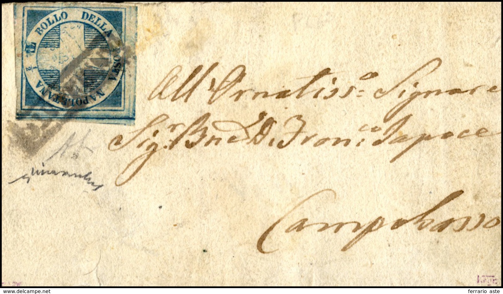 324 1860 - 1/2 Tornese Azzurro Crocetta (16), Perfetto, Su Fascetta Completa Da Napoli A Campobasso. Rar... - Naples