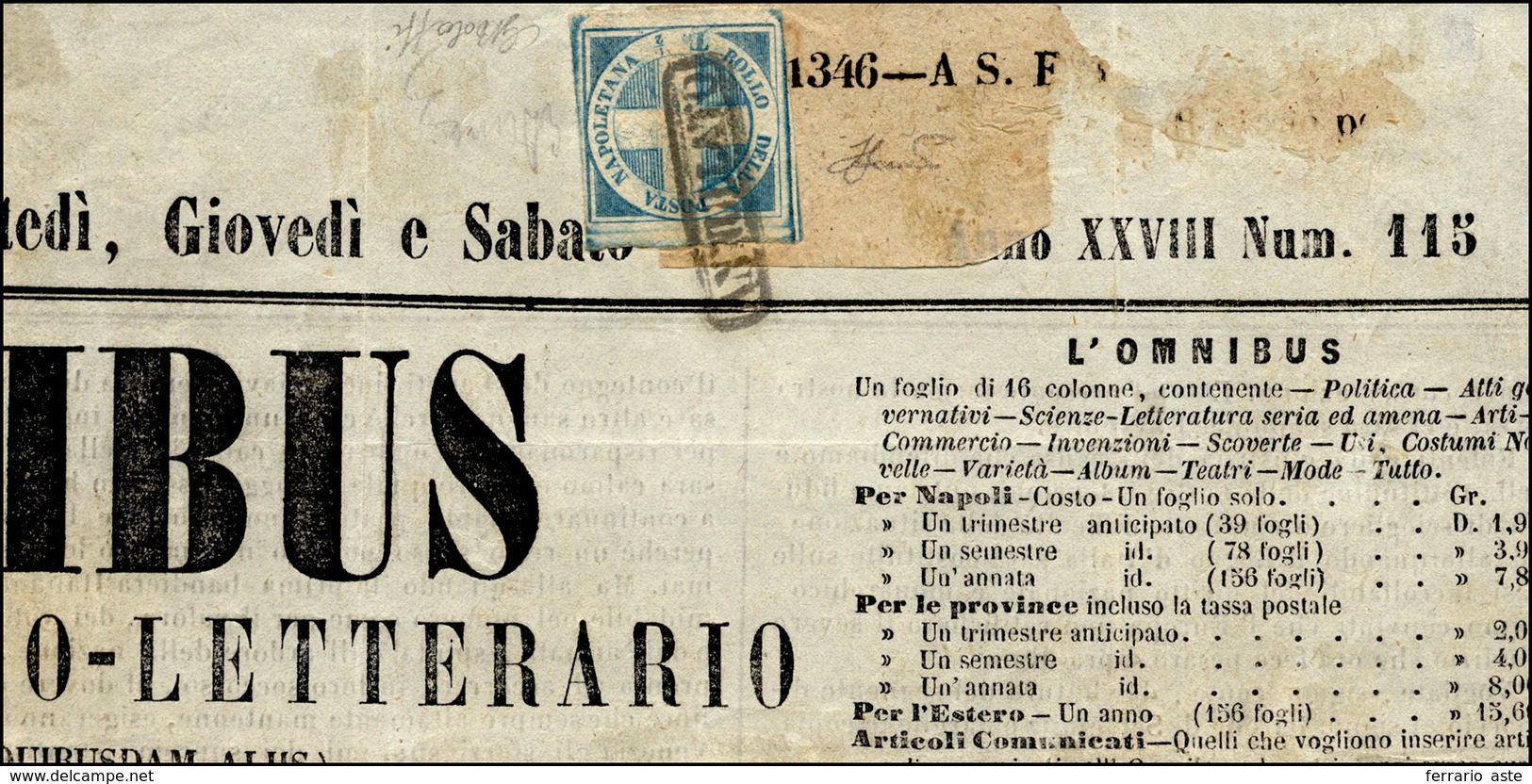 325 1860 - 1/2 Tornese Azzurro Crocetta (16), Perfetto, Su Testata Di Giornale "L'Omnibus" Del 10/12/186... - Naples