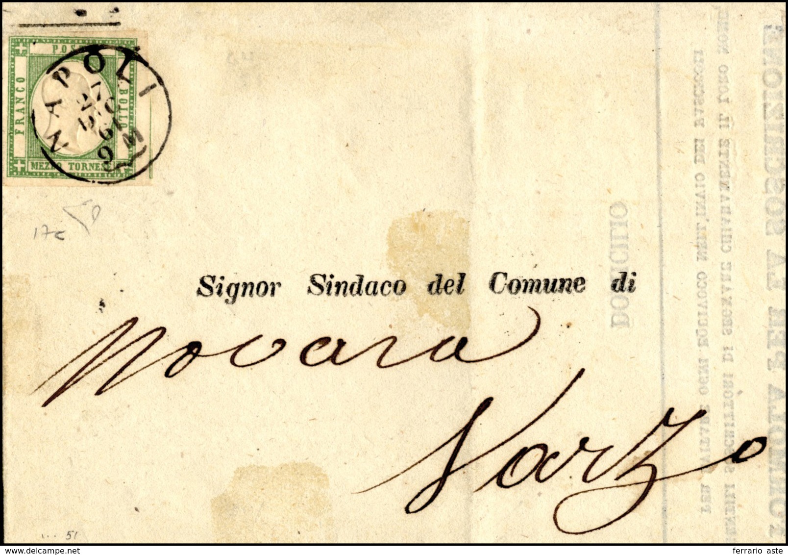 335 1861 - 1/2 Tornese Verde Scuro (17c), Perfetto, Isolato Su Circolare Da Napoli 27/12/1861 A Varzo. E... - Naples