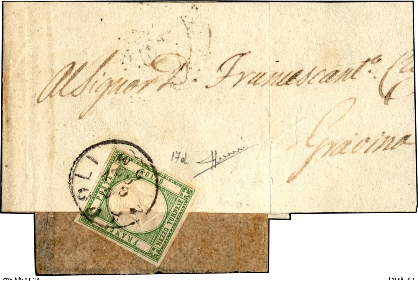 336 1862 - 1/2 Tornese Verde Smeraldo (17d), Perfetto, Su Fascetta Da Napoli 9/1/1862 A Gravina. Bella E... - Naples