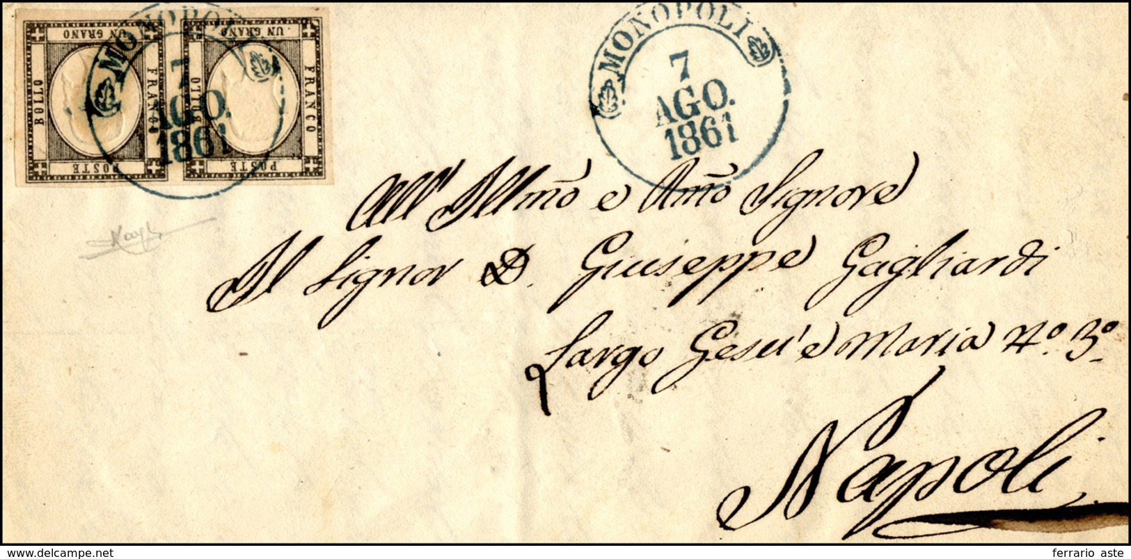 345 1861 - 1 Grano Nero (19), Coppia, Perfetta, Su Lettera Da Monopoli 7/8/1861 (punti 4) A Napoli. Molt... - Naples