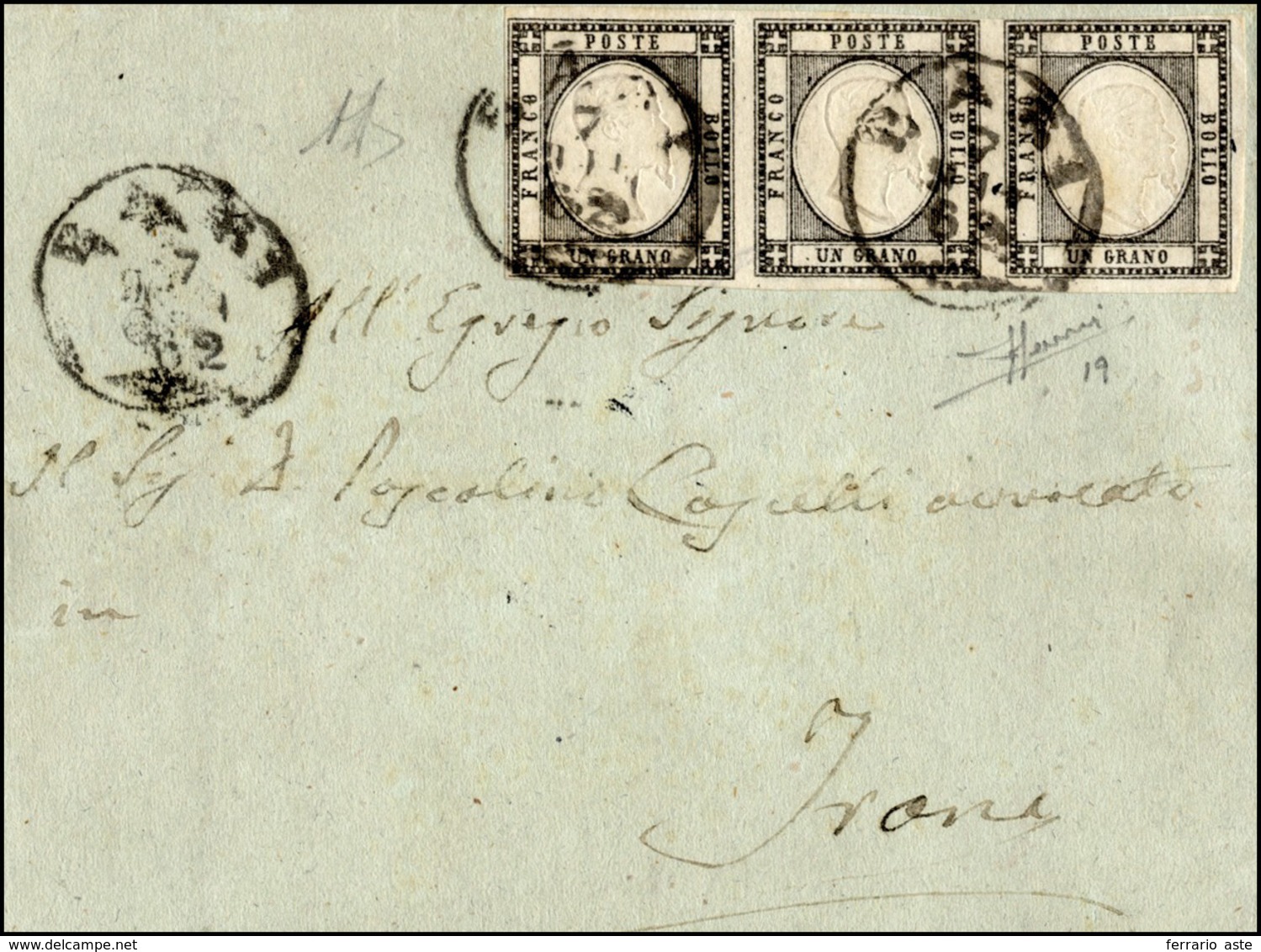 348 1862 - 1 Grano Nero (19), Striscia Di Tre, Ottimo Stato, Su Lettera Da Bari 7/2/1862 A Trani. A.Dien... - Naples