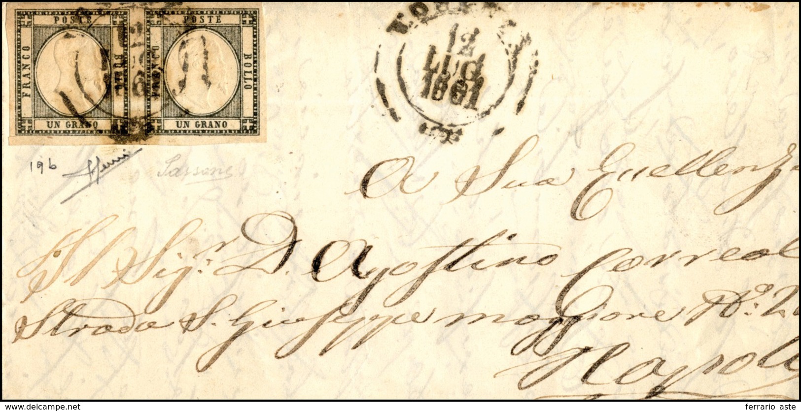 351 1861 - 1 Grano Grigio Verdastro (19b), Coppia, Perfetta, Su Lettera Da Potenza 12/7/1861 A Napoli. S... - Naples