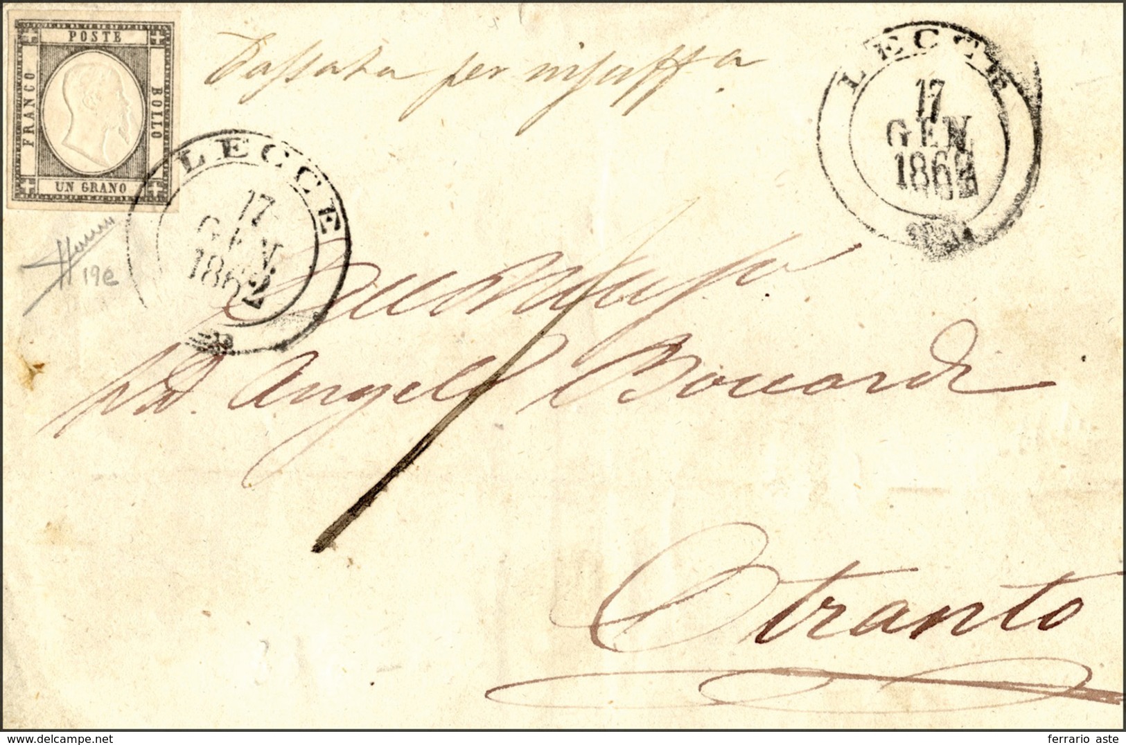 352 1862 - 1 Grano Grigio Chiaro (19da), Perfetto, Su Sovracoperta Di Lettera Da Lecce 17/1/1862 Ad Otra... - Naples