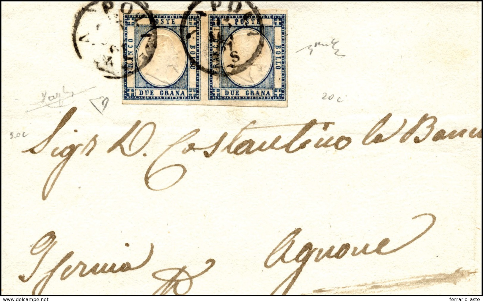 356 1861 - 2 Grana Azzurro Ardesia (20c), Coppia, Perfetta, Su Sovracoperta Di Lettera Da Napoli 23/9/18... - Naples