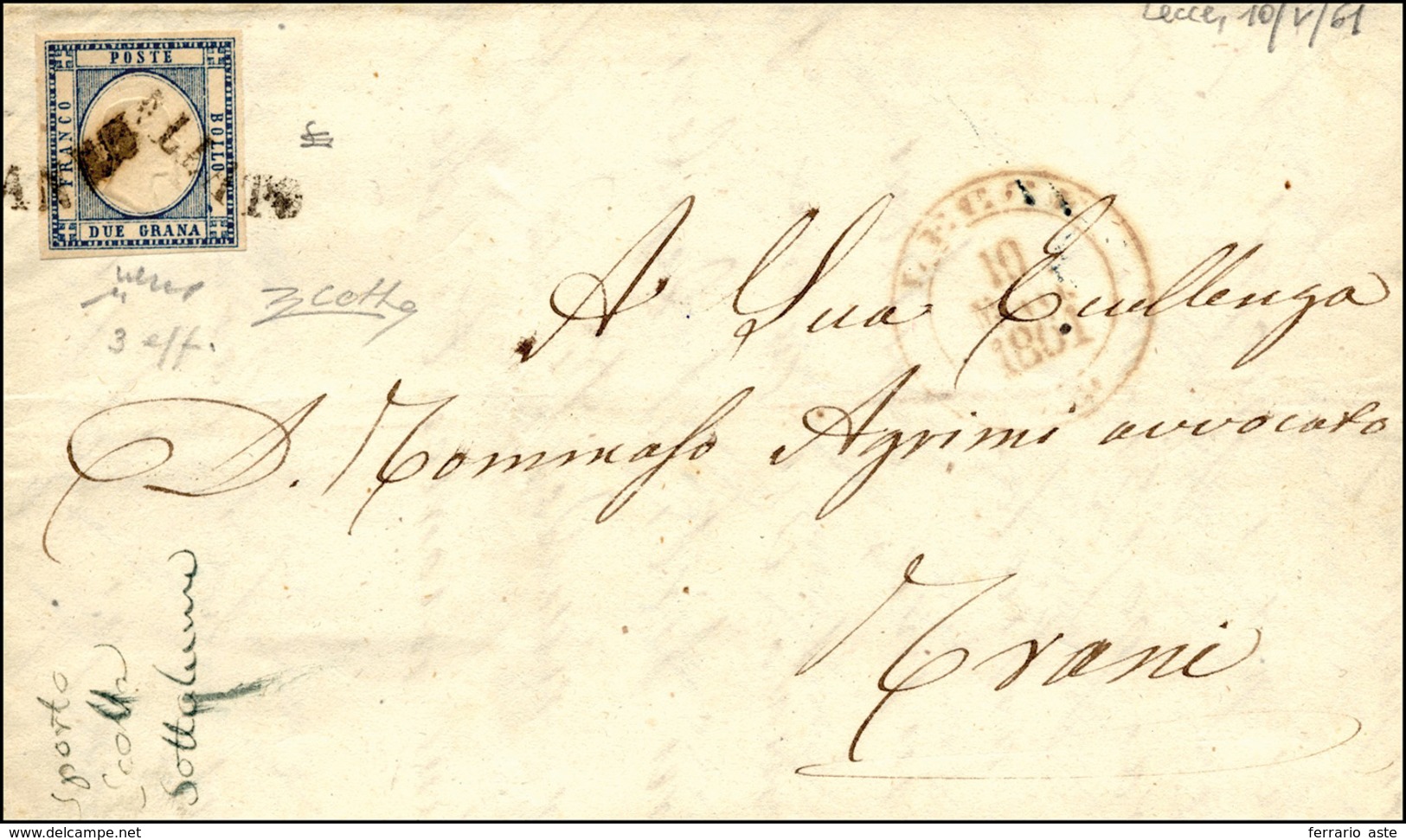 357 1861 - 2 Grana Azzurro Chiaro, TRIPLA EFFIGIE (20eb), Perfetto, Su Sovracoperta Di Lettera Da Lecce ... - Naples
