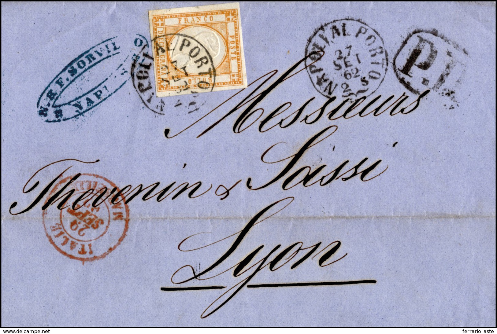 367 1862 - 10 Grana Arancio (22), Perfetto, Su Sovracoperta Di Lettera Da Napoli 27/9/1862 A Lione. Molt... - Naples