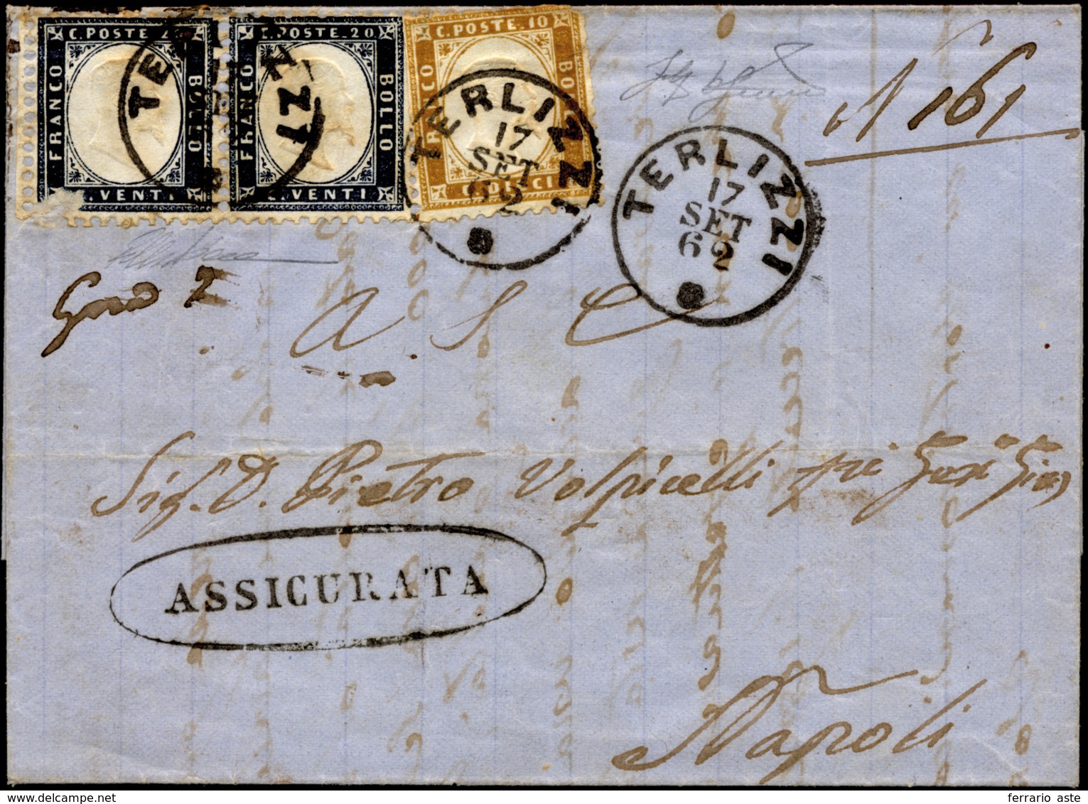 375 1862 - 10 Cent. Bistro E 20 Cent. Indaco, Coppia, (Regno 1,2), Difettosi, Su Lettera Assicurata Da T... - Naples