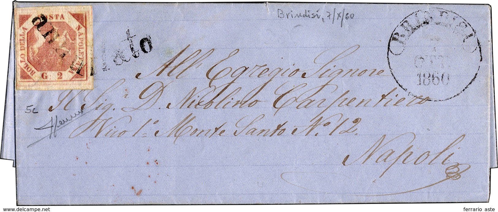 392 BRINDISI, Svolazzo + Cerchio Punti 9 - 2 Grana (5c), Perfetto, Su Lettera Del 7/10/1860 Per Napoli. ... - Naples