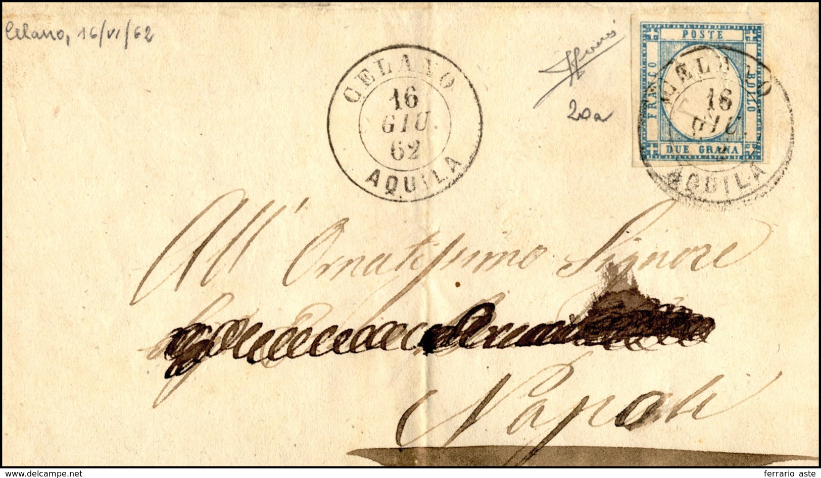 399 CELANO, Doppio Cerchio Punti 10 - 2 Grana (20a), Perfetto, Su Sovracoperta Di Lettera Del 16/6/1862 ... - Naples