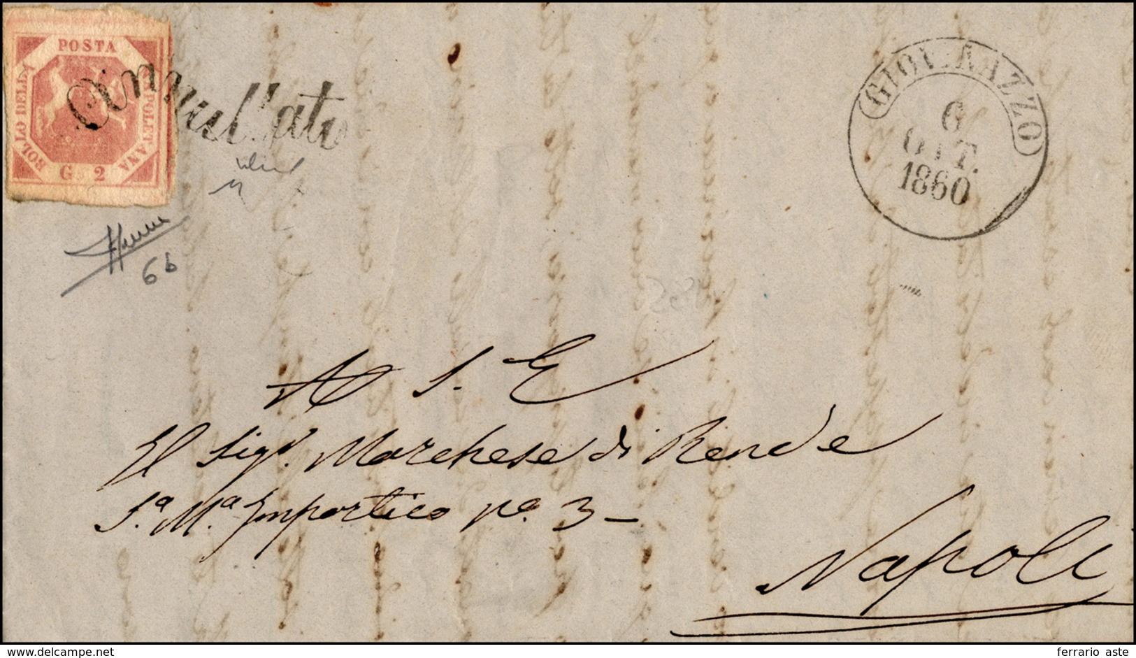 411 GIOVINAZZO, Svolazzo + Cerchio Punti 13 - 2 Grana (6b), Perfetto, Su Lettera Del 6/10/1860 Per Napol... - Naples