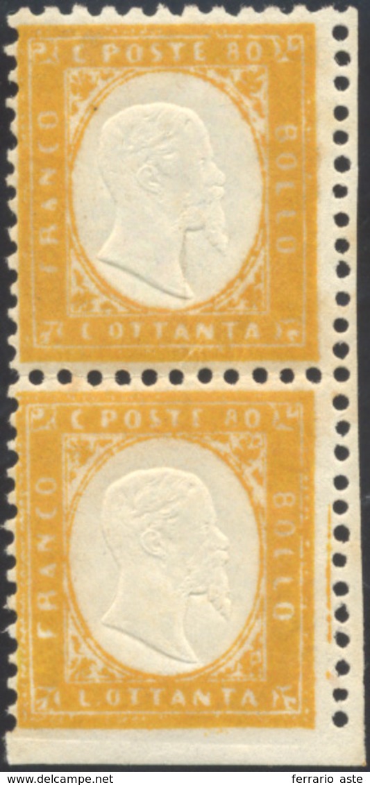 902 1862 - 80 Cent. Giallo Arancio, Coppia Verticale Angolo Di Foglio Non Dentellata In Basso E Spazio T... - Other & Unclassified