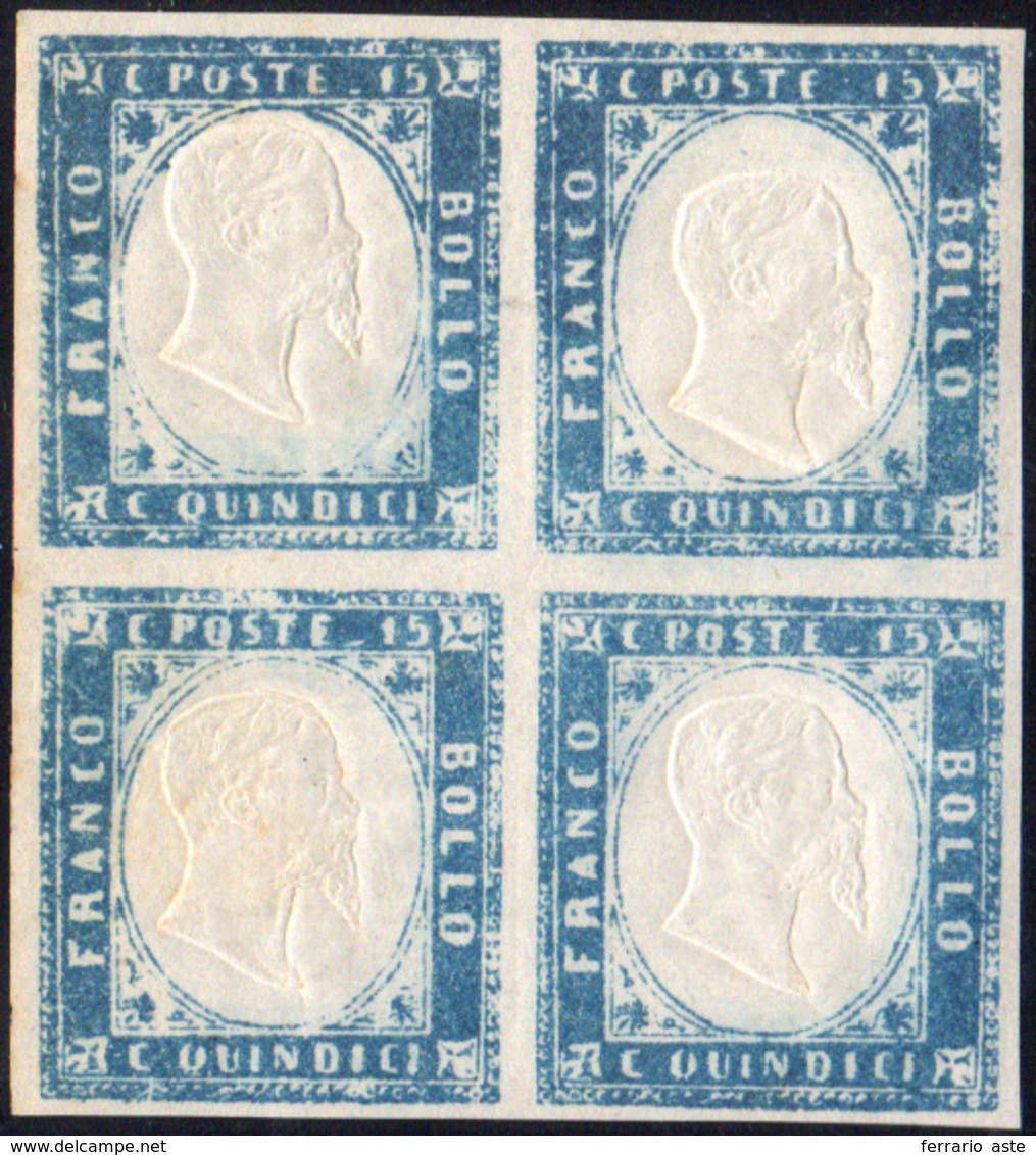 907 1863 - 15 Cent. Celeste Latteo (11d), Blocco Di Quattro, Gomma Integra, Perfetto. A.Diena, Raybaudi,... - Sonstige & Ohne Zuordnung