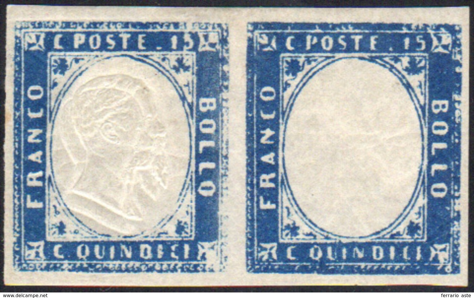 912 1863 - 15 Cent. Azzurro, Coppia Orizzontale Con Un Esemplare Senza Effigie, L'altro Con Doppia Effig... - Andere & Zonder Classificatie