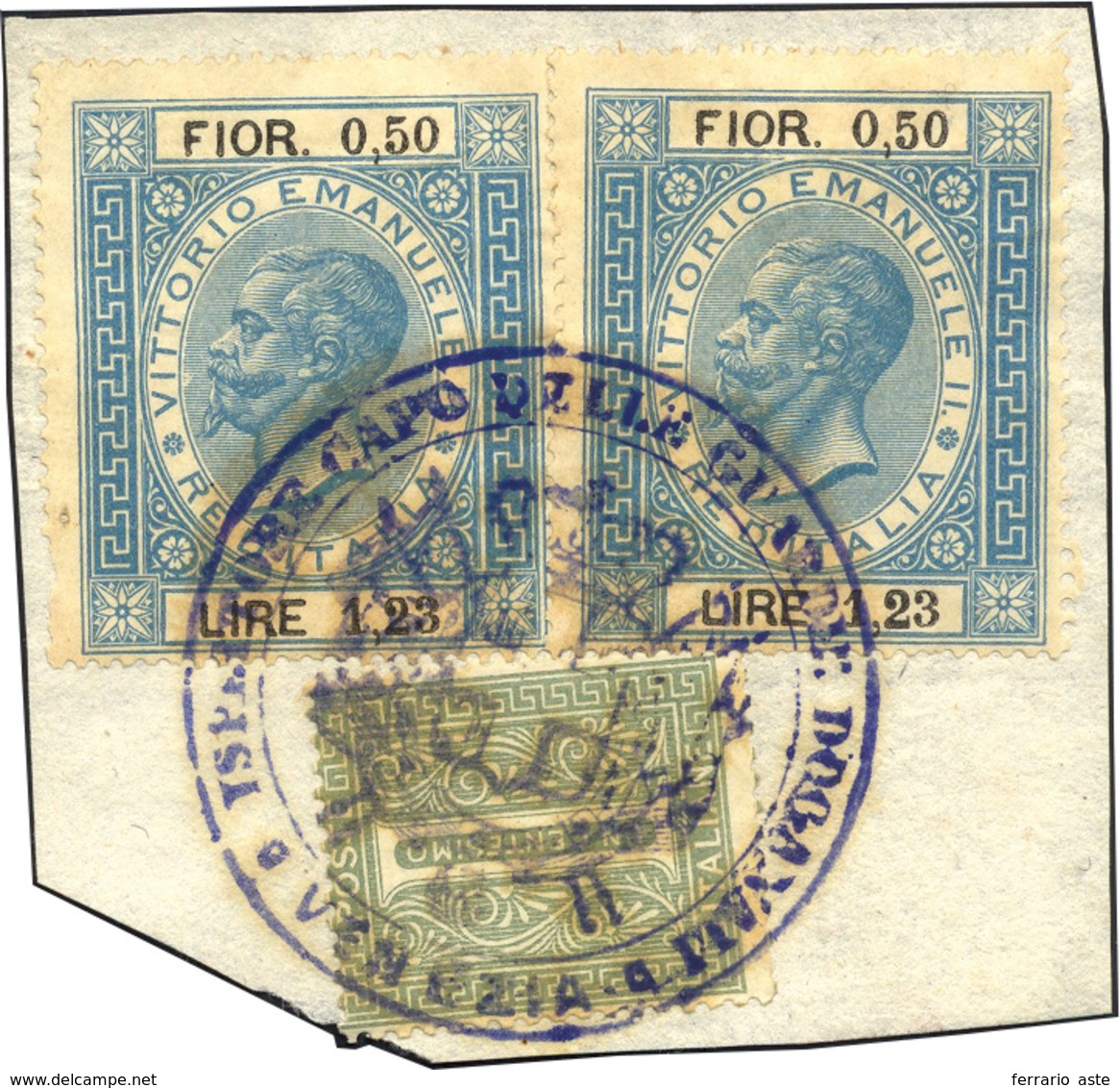 925 1863 - 1 Cent. De La Rue (T14), In Affrancatura Mista Con Due Marche Da Bollo Da 1,23 Lire, Su Picco... - Other & Unclassified