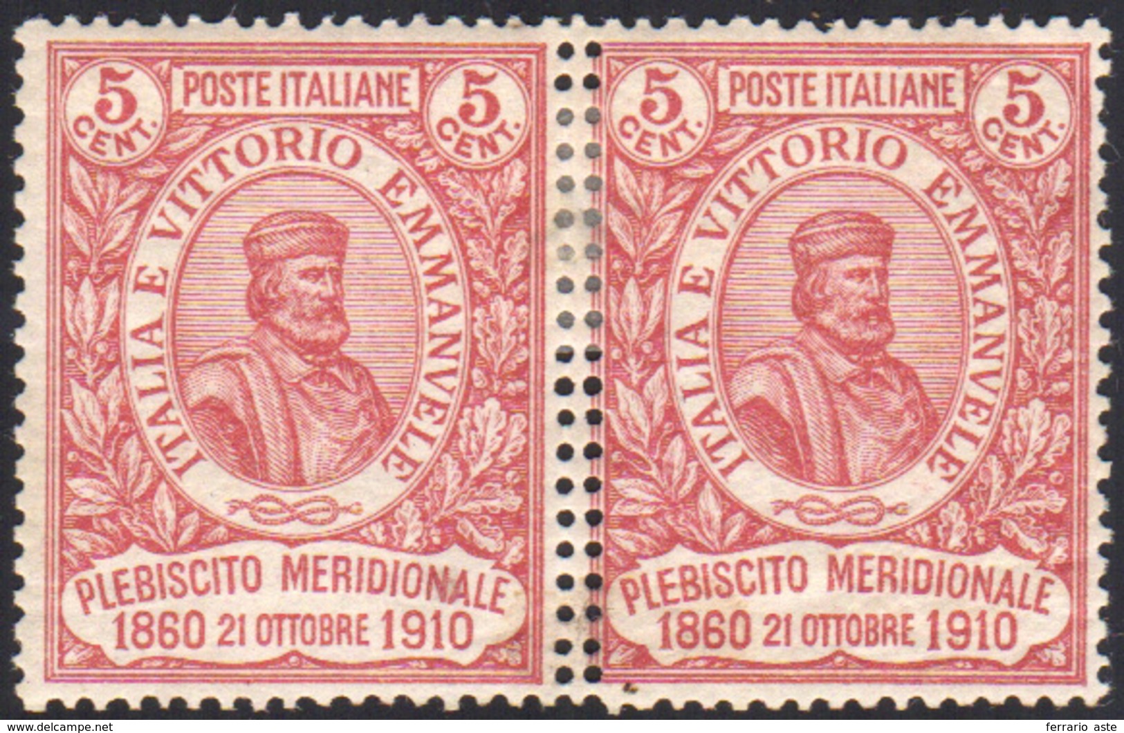 1057 1910 - 5 + 5 Cent. Garibaldi, Coppia Orizzontale Con Doppia Dentellatura Al Centro (89d), Gomma Orig... - Other & Unclassified