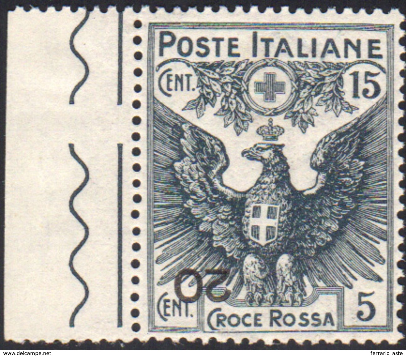 1070 1916 - 20 Cent. Su 15 + 5 Cent. Croce Rossa, Soprastampa Capovolta (104a), Bordo Di Foglio, Gomma In... - Other & Unclassified