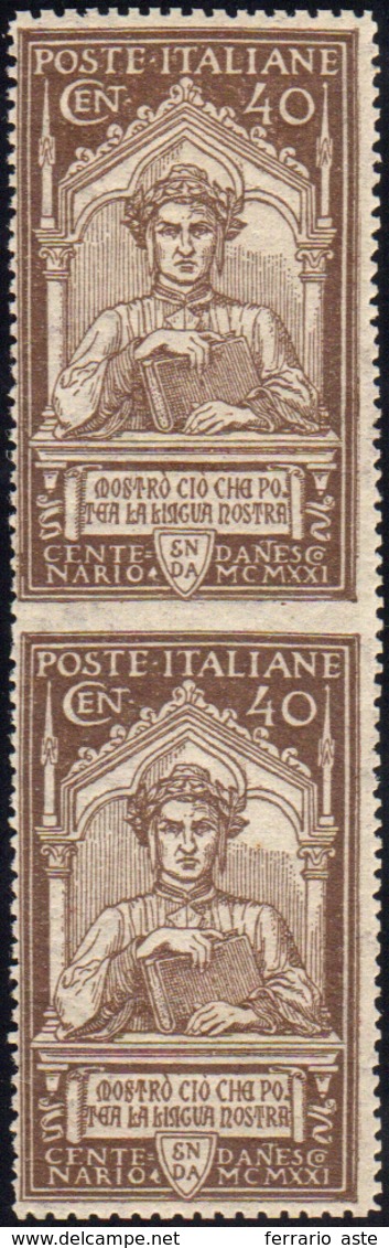 1092 1921 - 40 Cent. Dante (118), Coppia Verticale Non Dentellata Al Centro, Gomma Originale, Perfetta. V... - Other & Unclassified