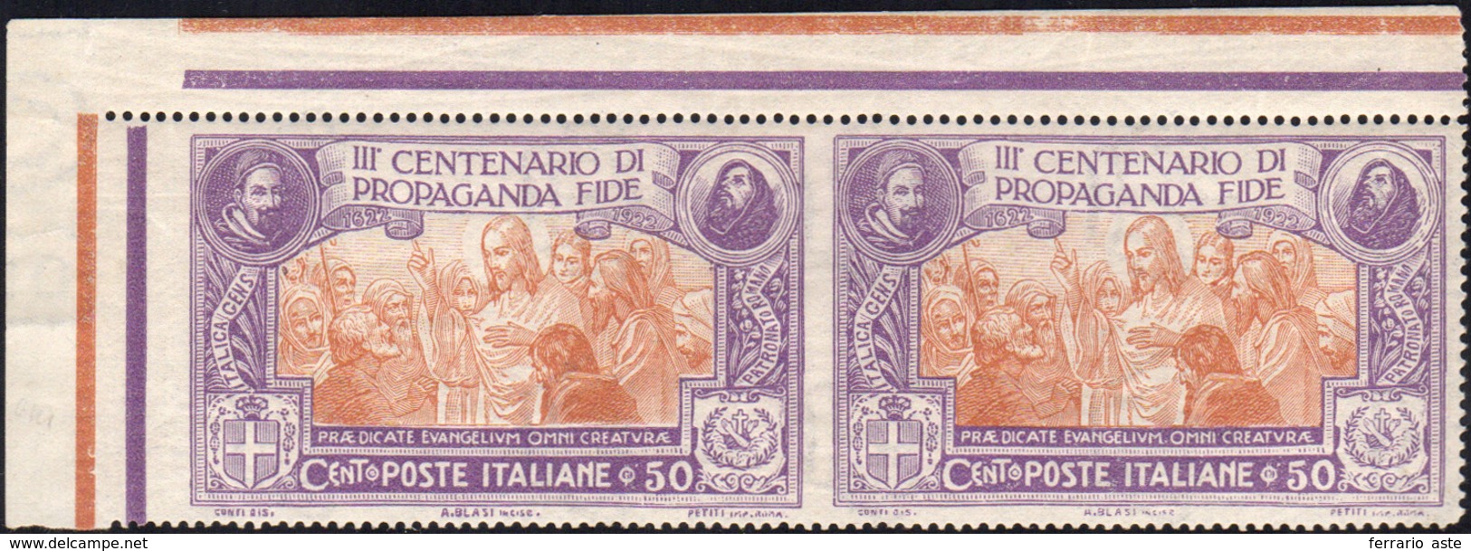 1103 1923 - 50 Cent. Propaganda Fide, Coppia Orizzontale Non Dentellata Al Centro E A Sinistra (133g), An... - Other & Unclassified