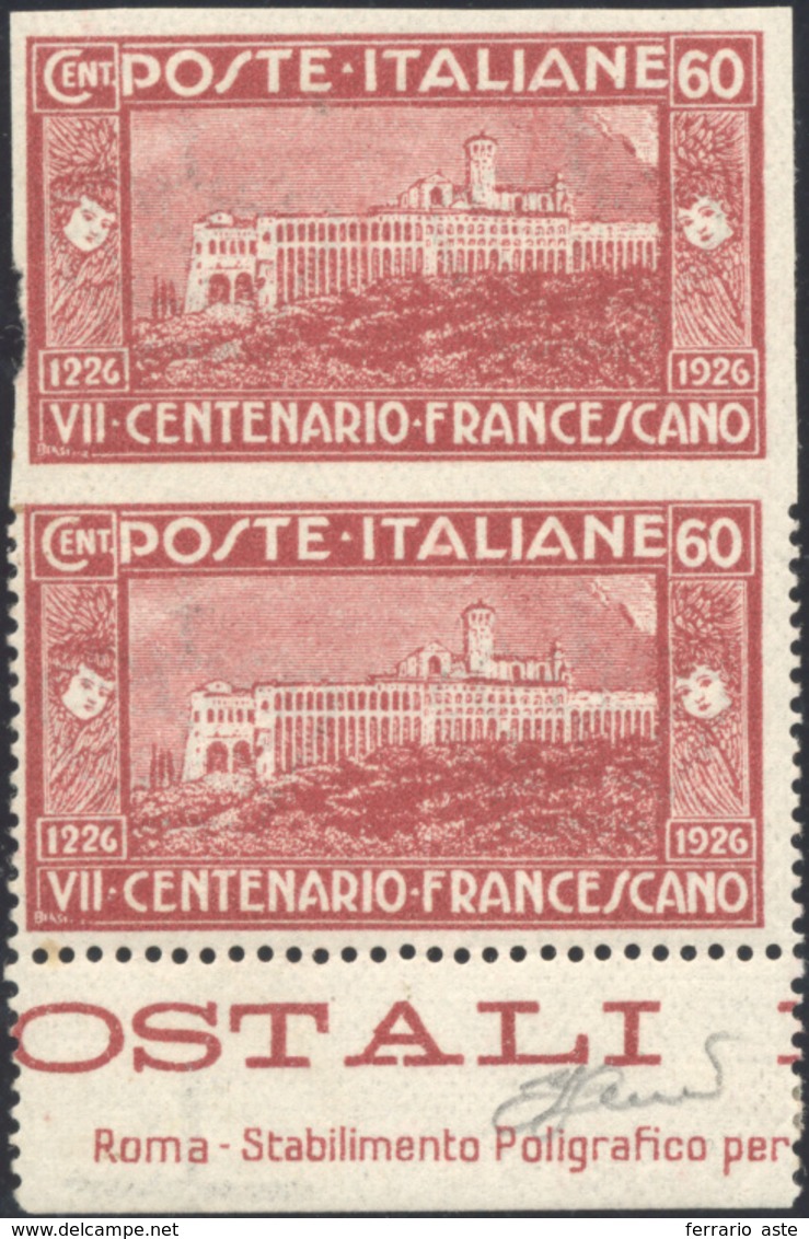 1145 1926 - 60 Cent. San Francesco, Coppia Verticale Con L'esemplare Superiore Non Dentellato (195Ka), Le... - Other & Unclassified