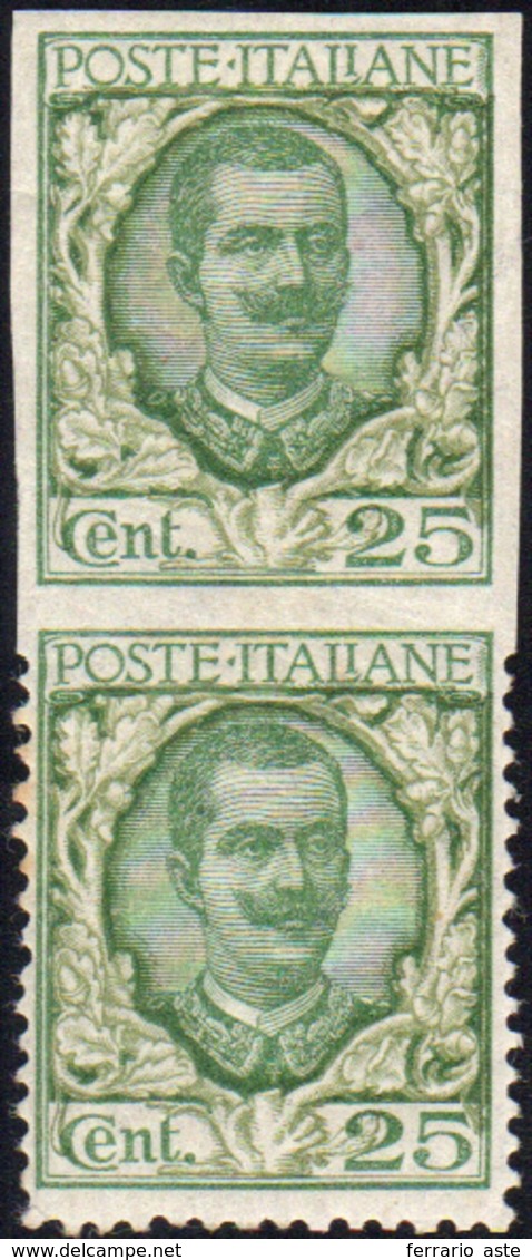 1153 1926 - 25 Lire Floreale, Coppia Verticale Con L'esemplare Superiore Non Dentellato (200f), Gomma Ori... - Other & Unclassified