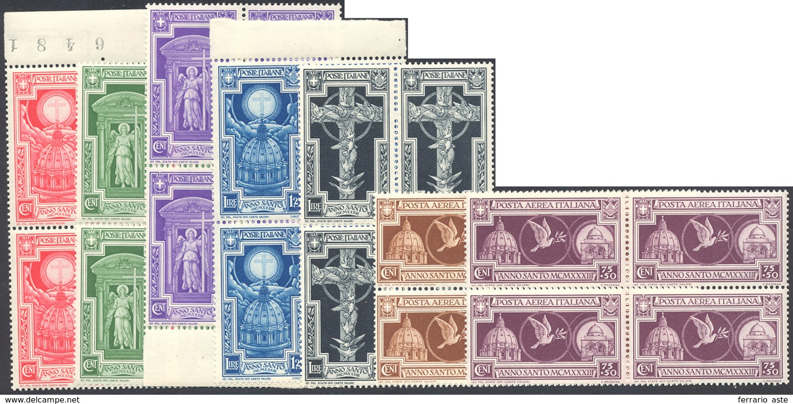 1195 1933 - Anno Santo, Serie Completa Con Posta Aerea (345/349+A), Blocchi Di Quattro, Gomma Originale I... - Other & Unclassified