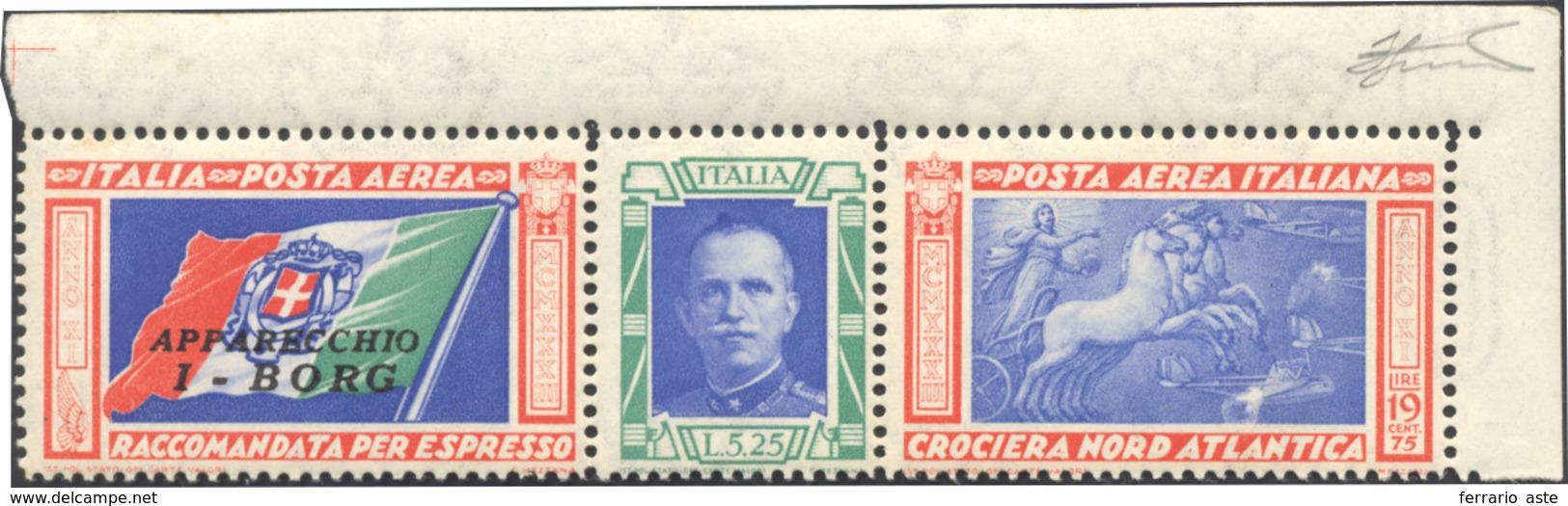 1221 1933 - 5,25 + 19,75 Lite Trittico I-BORG, Varietà "ciuffo" (51Da), Angolo Di Foglio, Gomma Originale... - Other & Unclassified