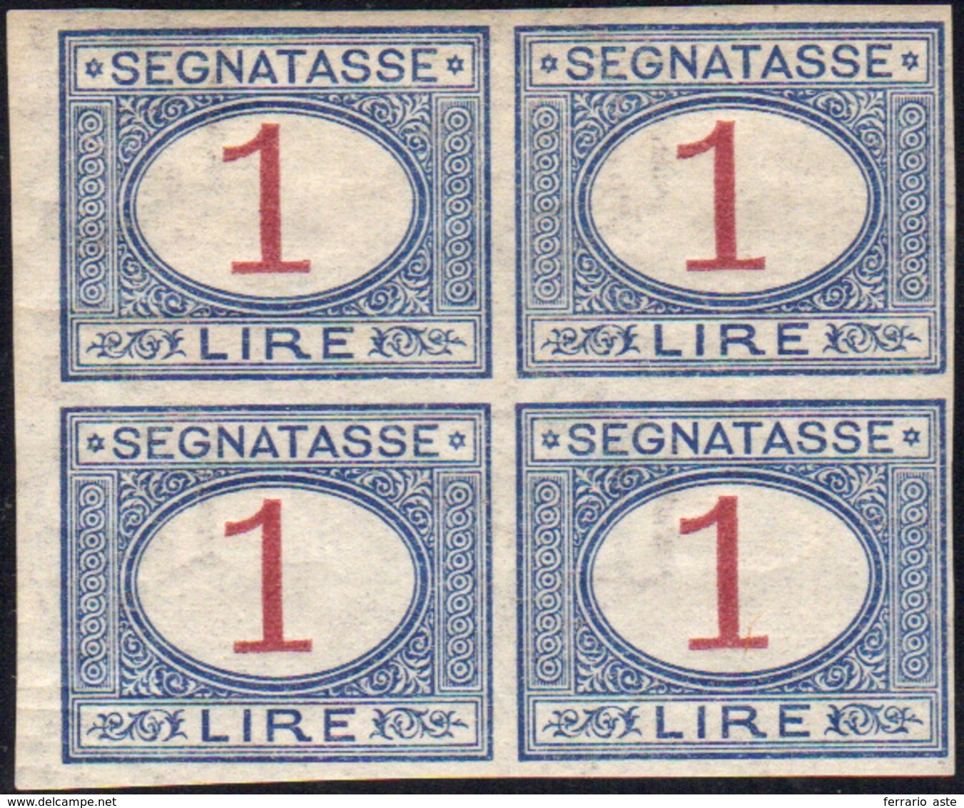 1316 1890 - 1 Lira Azzurro E Carminio, Non Dentellato (27g), Blocco Di Quattro, Gomma Originale, Perfetto... - Other & Unclassified