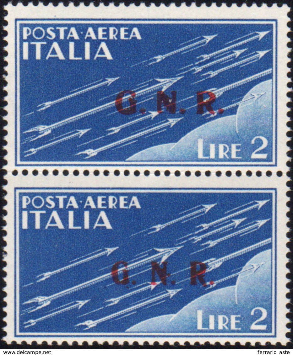 1422 1943 - 2 Lire Azzurro Soprastampa G.N.R. Di Brescia, Coppia Verticale Con Soprastampa Del II E III T... - Airmail