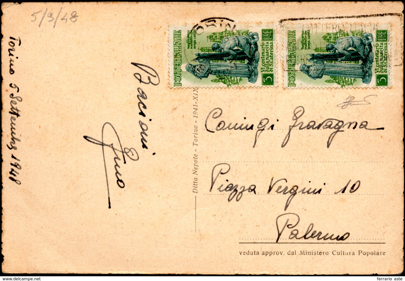 1463 1948 - 3 Lire Santa Caterina (574), Due Esemplari Perfetti Su Cartolina In Tariffa Da Torino 5/9/194... - Other & Unclassified