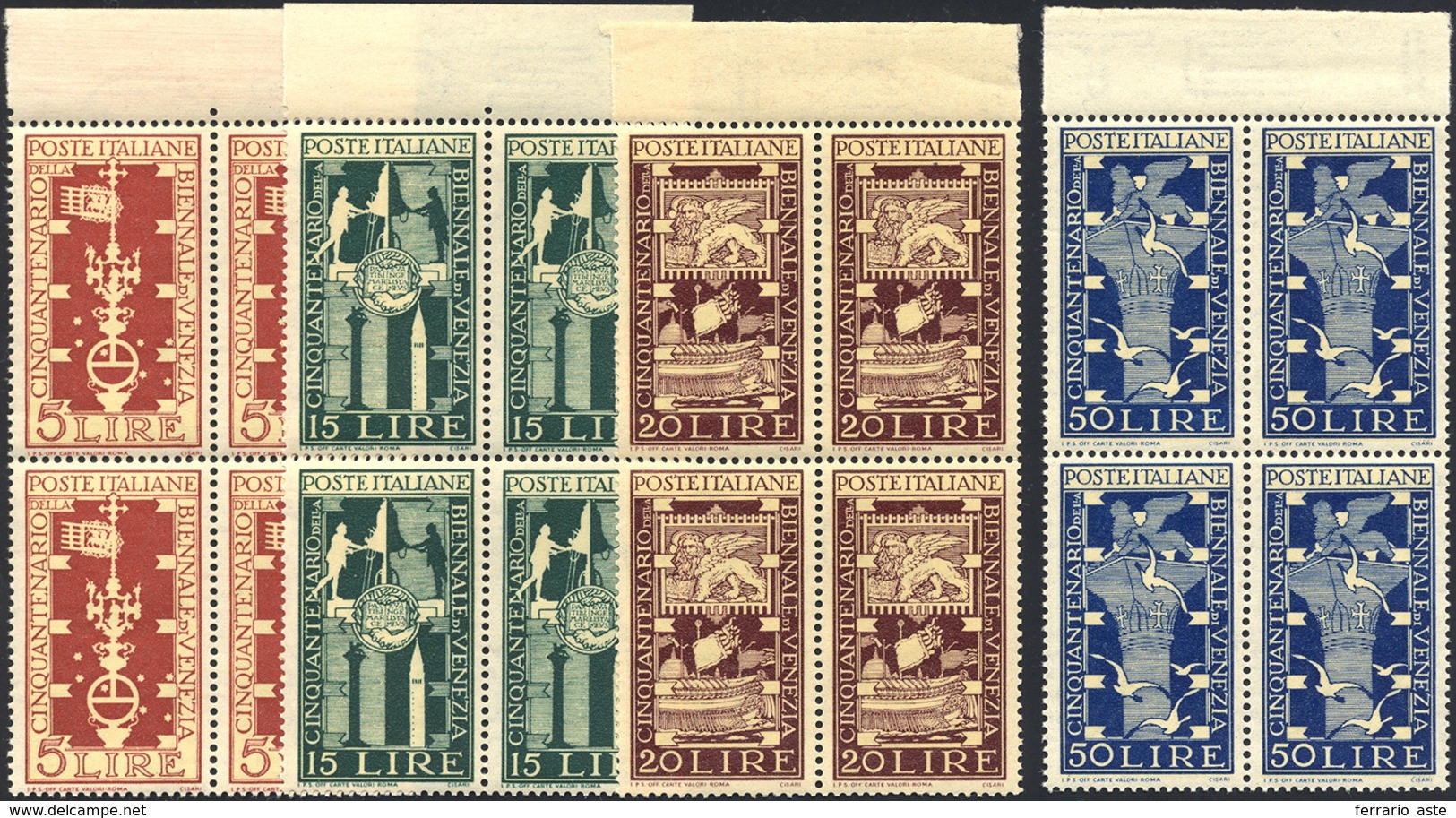 1466 1949 - Biennale Di Venezia (594/597), Ottima Centratura, Blocchi Di Quattro, Bordo Di Foglio, Gomma ... - Andere & Zonder Classificatie