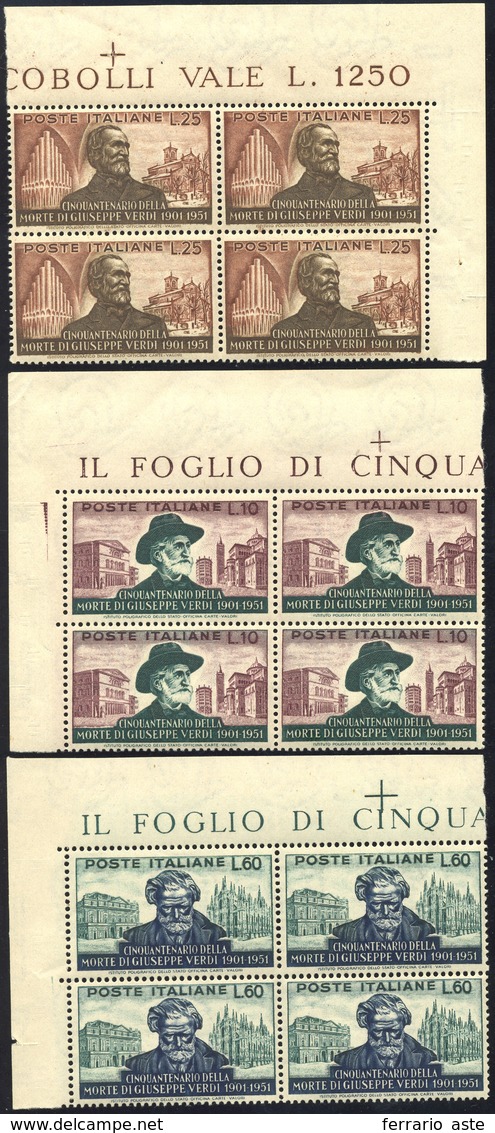 1475 1951 - Verdi (677/679), Ottima Centratura, Blocchi Di Quattro Bordo/angolo Di Foglio, Gomma Integra,... - Otros & Sin Clasificación