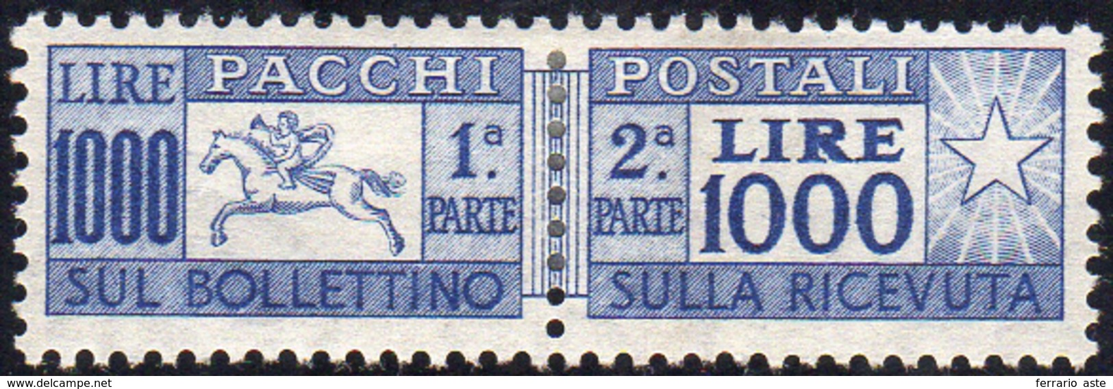 1490 1954 - 1.000 Lire Cavallino, Filigrana Ruota (81), Ottima Centratura, Gomma Integra, Perfetto. Bello... - Postal Parcels