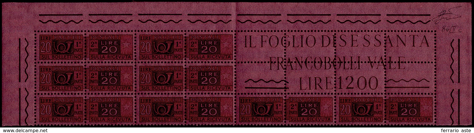 1491 1955 - 20 Lire, Inchiostrazione Anomala (86/IIs), Testata Del Foglio Con Otto Esemplari E Blocco Ang... - Postal Parcels