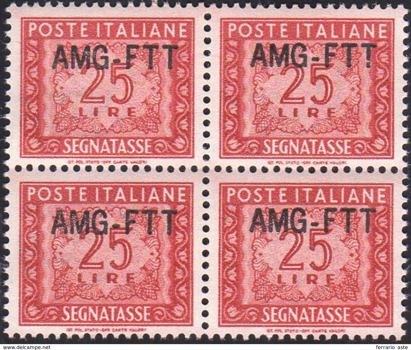 1508 SEGNATASSE 1954 - 25 Lire, Nuovo Tipo Di Soprastampa (25A), Ottima Centratura, Blocco Di Quattro, Go... - Andere & Zonder Classificatie