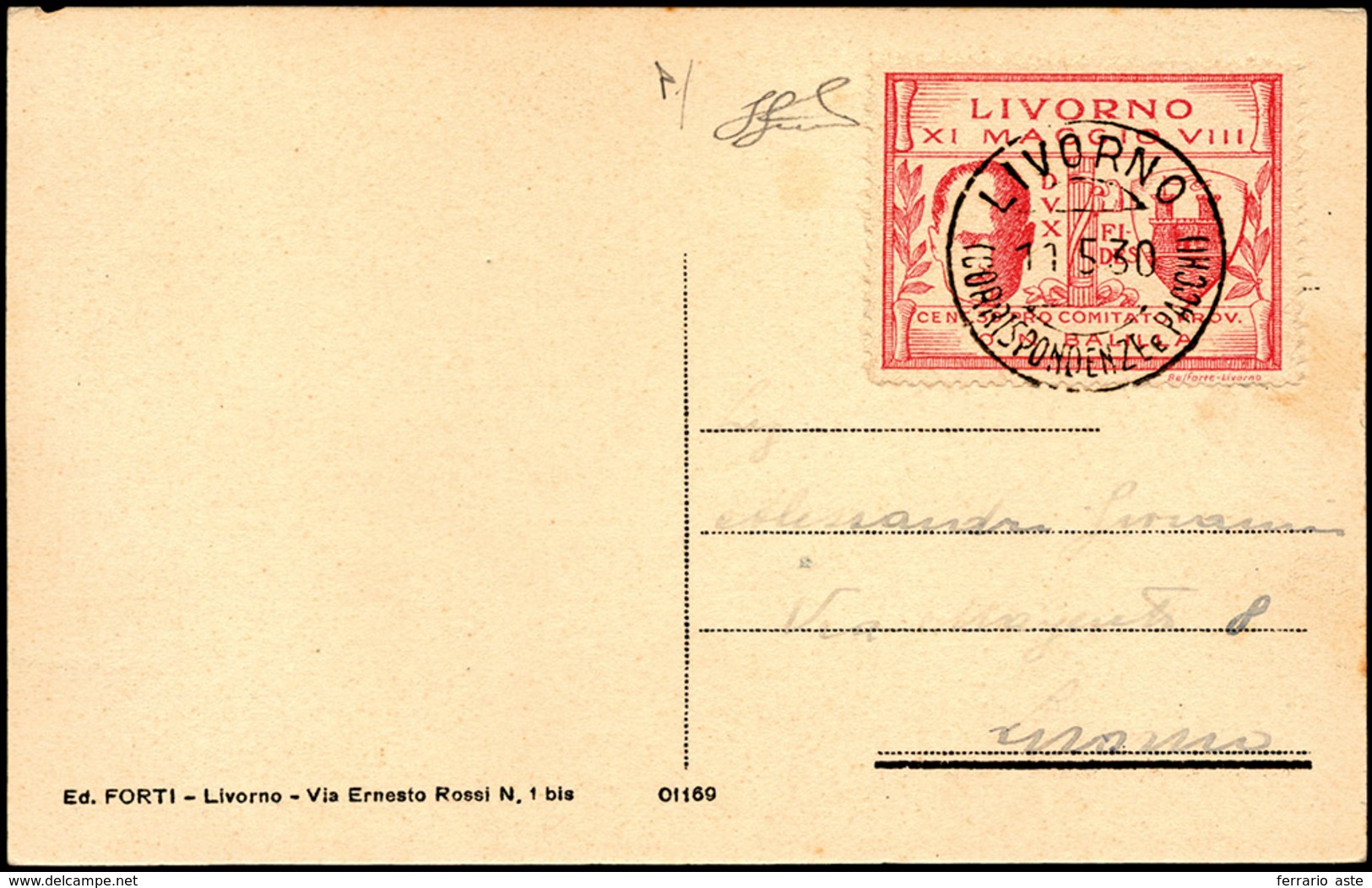 1519 LIVORNO 1930 - 30 Cent. Rosa Lilla (1), Perfetto, Su Cartolina Da Livorno 11/5/1930 Per Città. Ferra... - Zonder Classificatie