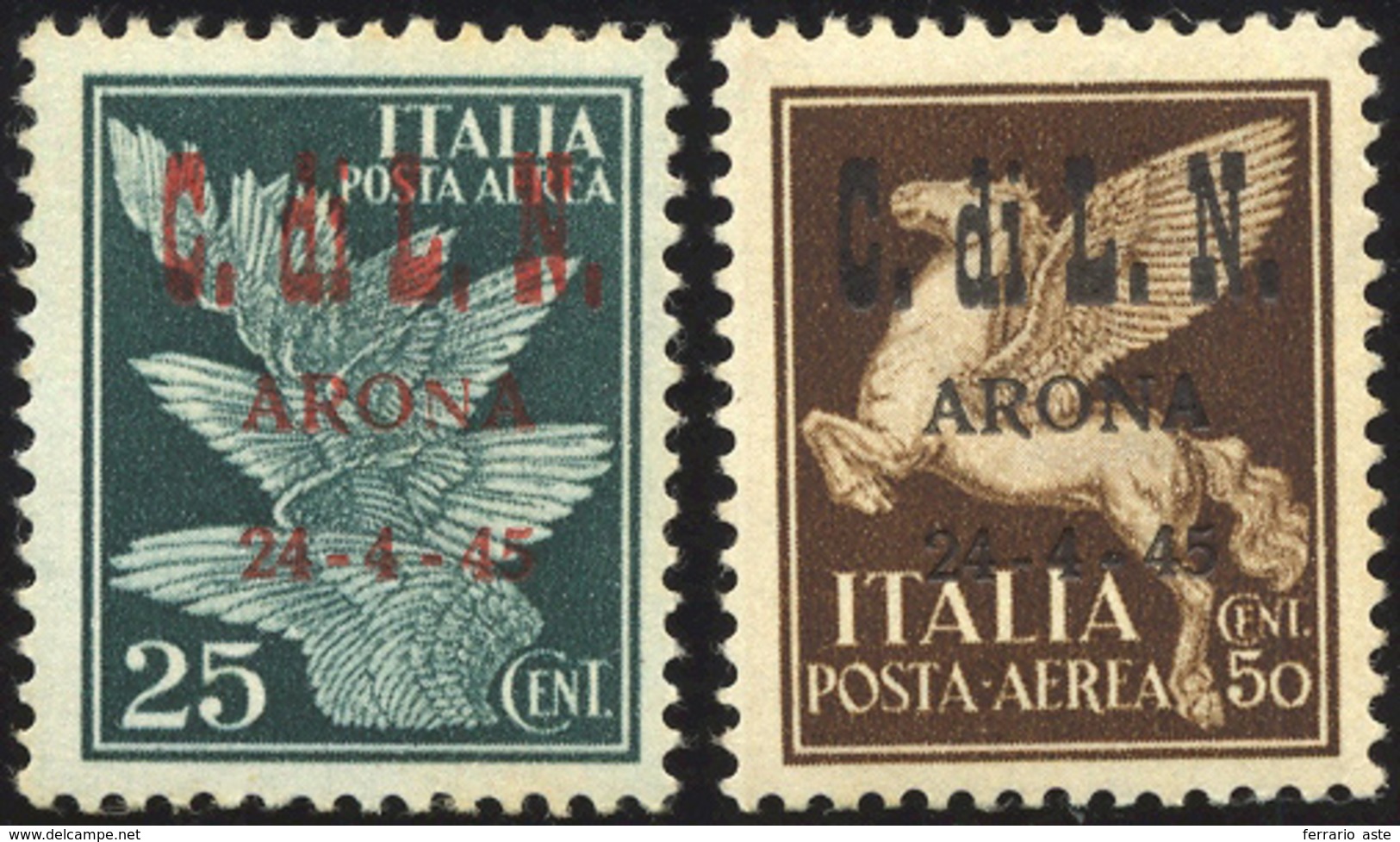 1528 ARONA 1945 - 25 E 50 Cent. Posta Aerea Soprastampati (14/15), Gomma Integra, Perfetti, Rari! Cert. C... - Comite De Liberación Nacional (CLN)