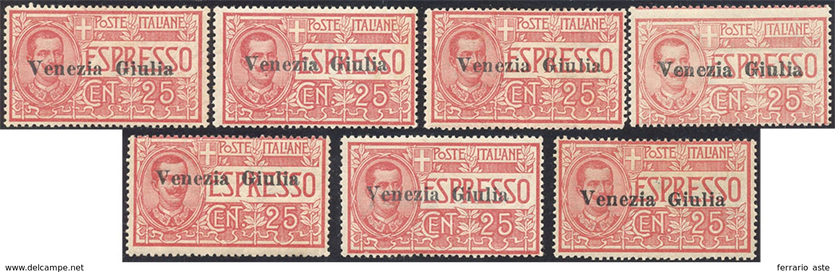 1559 VENEZIA GIULIA ESPRESSI 1919 - 25 Cent. Rosso (1), 7 Esemplari, Gomma Originale, Perfetti.... - Other & Unclassified