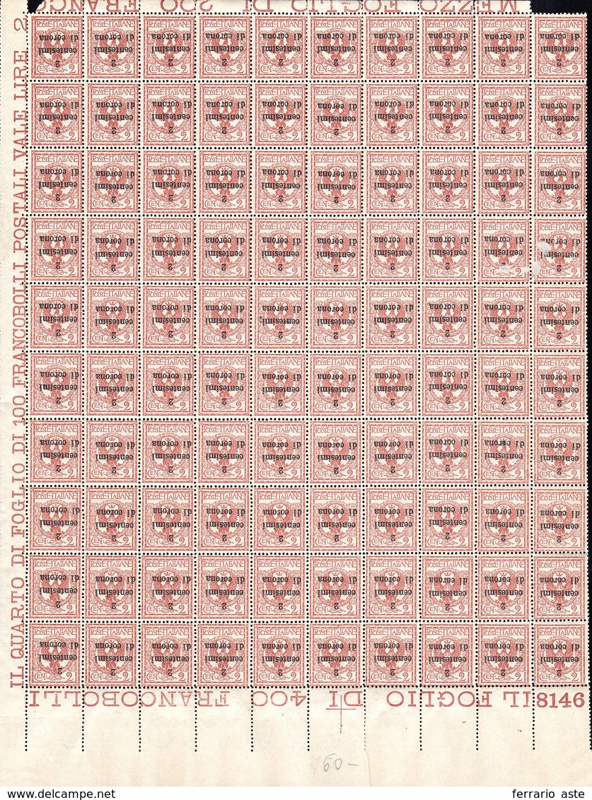 1565 TRENTO E TRIESTE 1919 - 2 Cent. Su 2 Cent., Soprastampa Capovolta (2aa), Foglio Completo Di 100 Esem... - Otros & Sin Clasificación