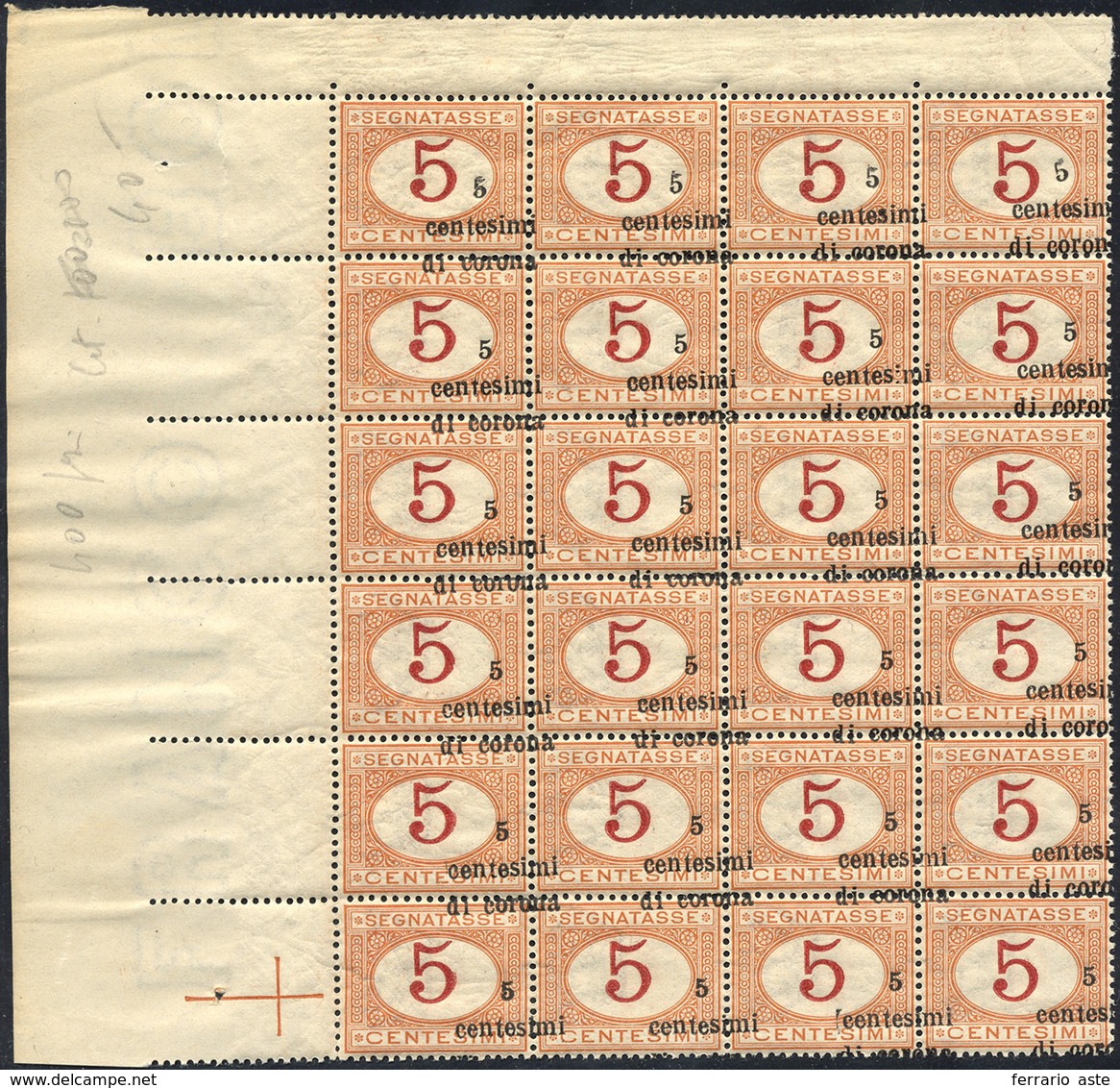 1566 TRENTO E TRIESTE SEGNATASSE 1919 - 5 Su 5 Cent., Soprastampa Obliqua A Cavallo (1l), Blocco Di 24 Es... - Andere & Zonder Classificatie