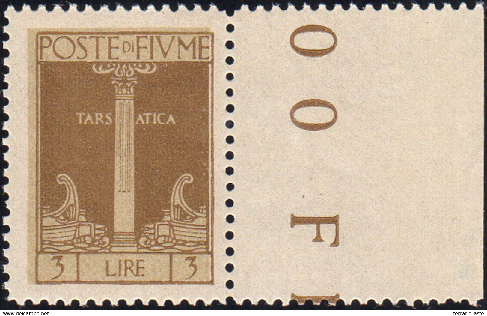 1577 FIUME 1923 - 3 Lire Bistro Bruno, Colore Diverso (200A), Bordo Di Foglio, Gomma Integra, Perfetto. B... - Other & Unclassified