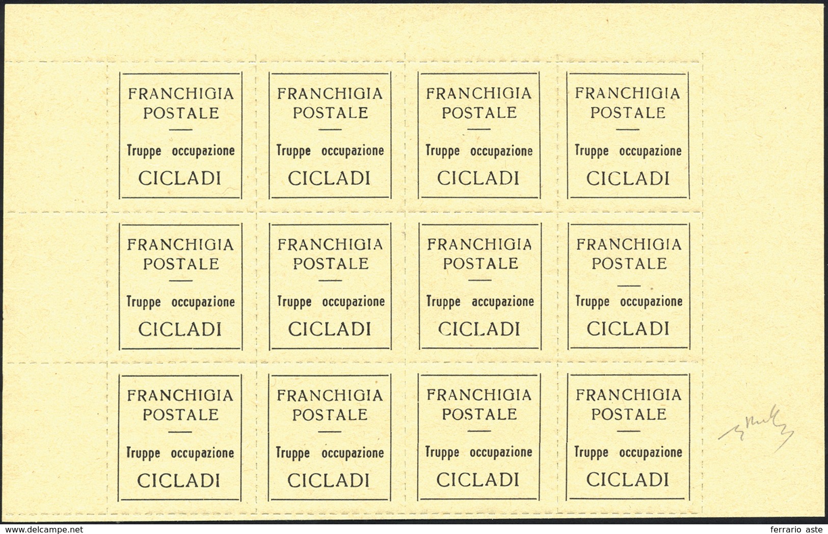 1597 ISOLE CICLADI 1941 - Etichetta Di Franchigia Per Le Truppe D'occupazione, Carta Giallo Chiara (CEI 2... - Altri & Non Classificati