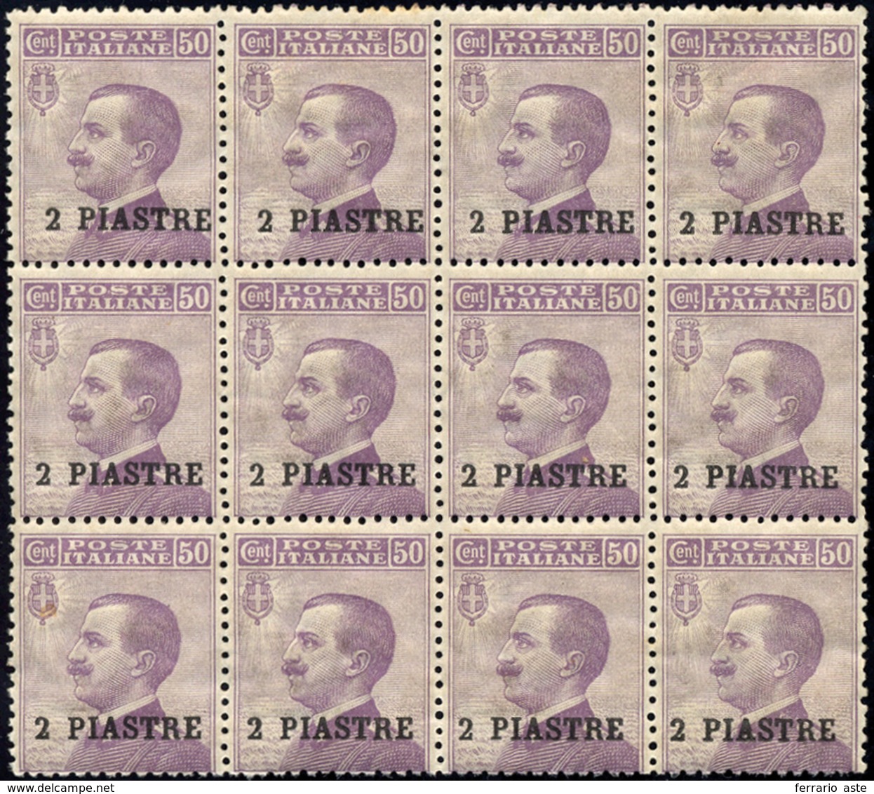 1649 COSTANTINOPOLI 1908 - 2 Piastre Su 50 Cent., II Emissione Locale (12), Blocco Di Dodici Esemplari, G... - Altri & Non Classificati