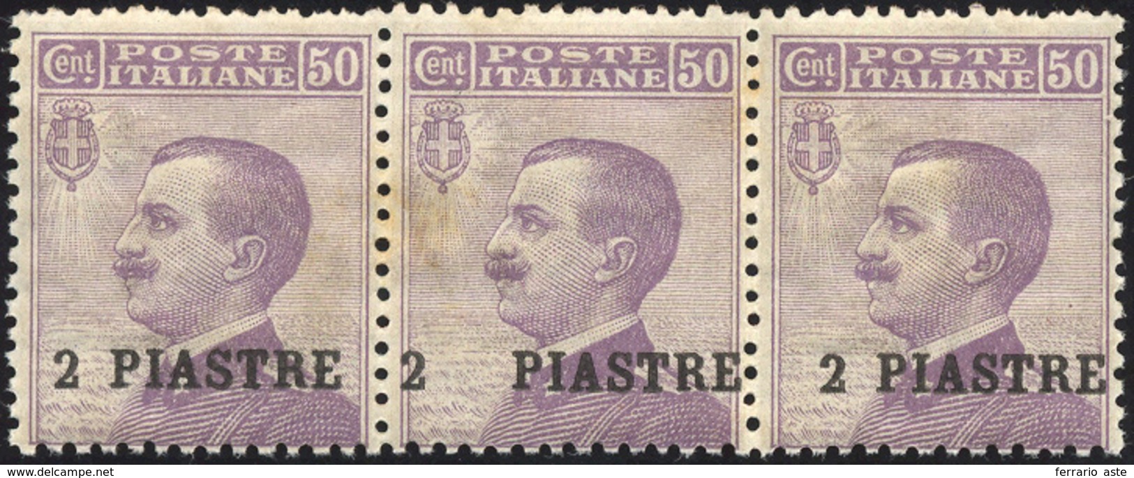 1650 COSTANTINOPOLI 1908 - 2 Piastre Su 50 Cent., Striscia Di Tre Con Al Centro Il Francobollo Con Variet... - Other & Unclassified