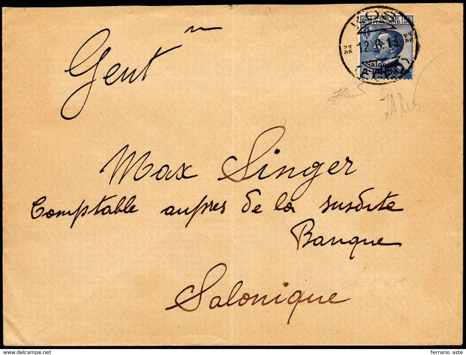 1666 SALONICCO 1913 - 1 Piastra Su 25 Cent. (4), Perfetto, Su Busta Da Kos 12/6/1913 A Salonicco. Rarissi... - Altri & Non Classificati