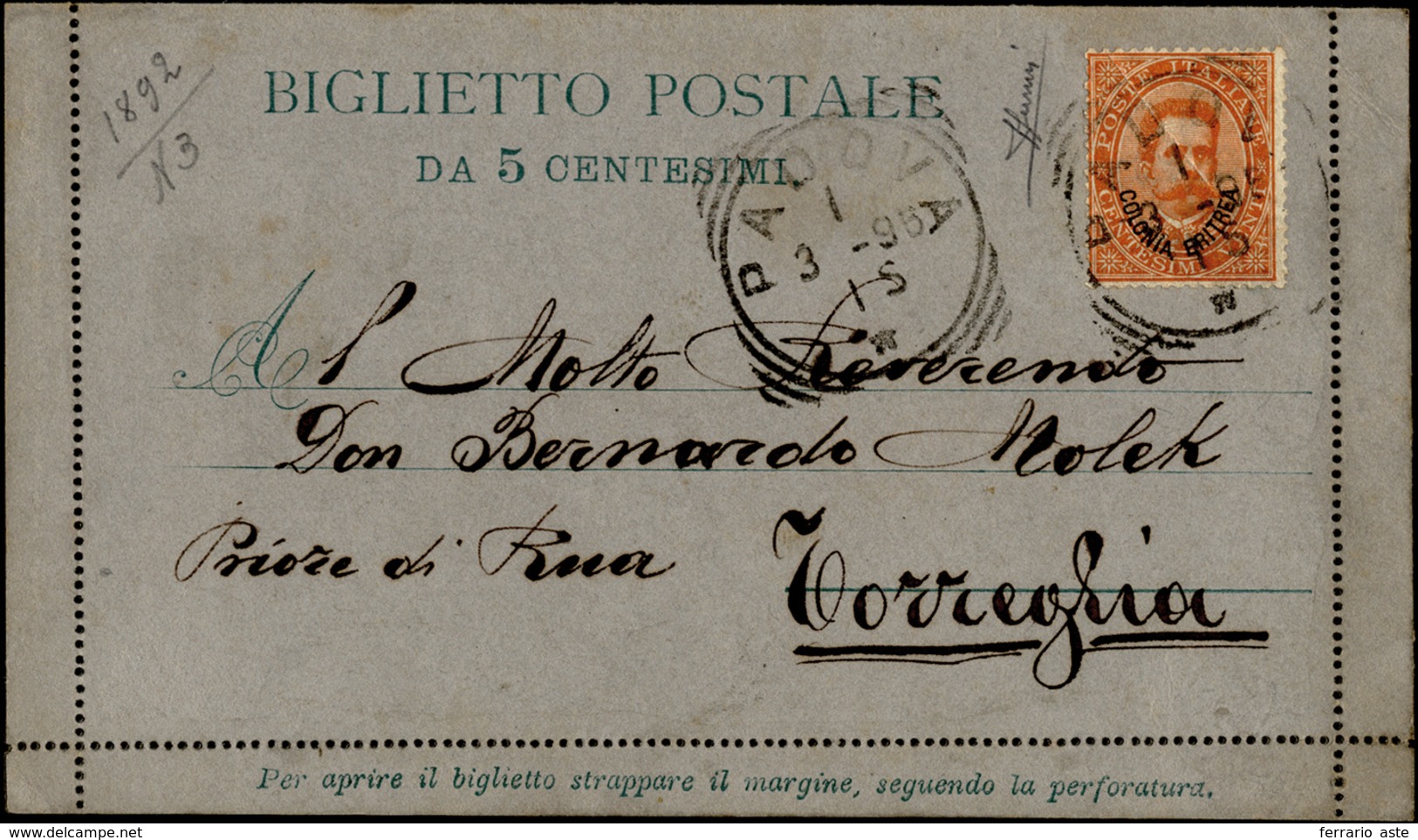 1707 1896 - 20 Cent. Umberto I (5), Piega, Su Biglietto Postale D'Italia Da 5 Cent. Da Padova 1/3/1896 A ... - Eritrea
