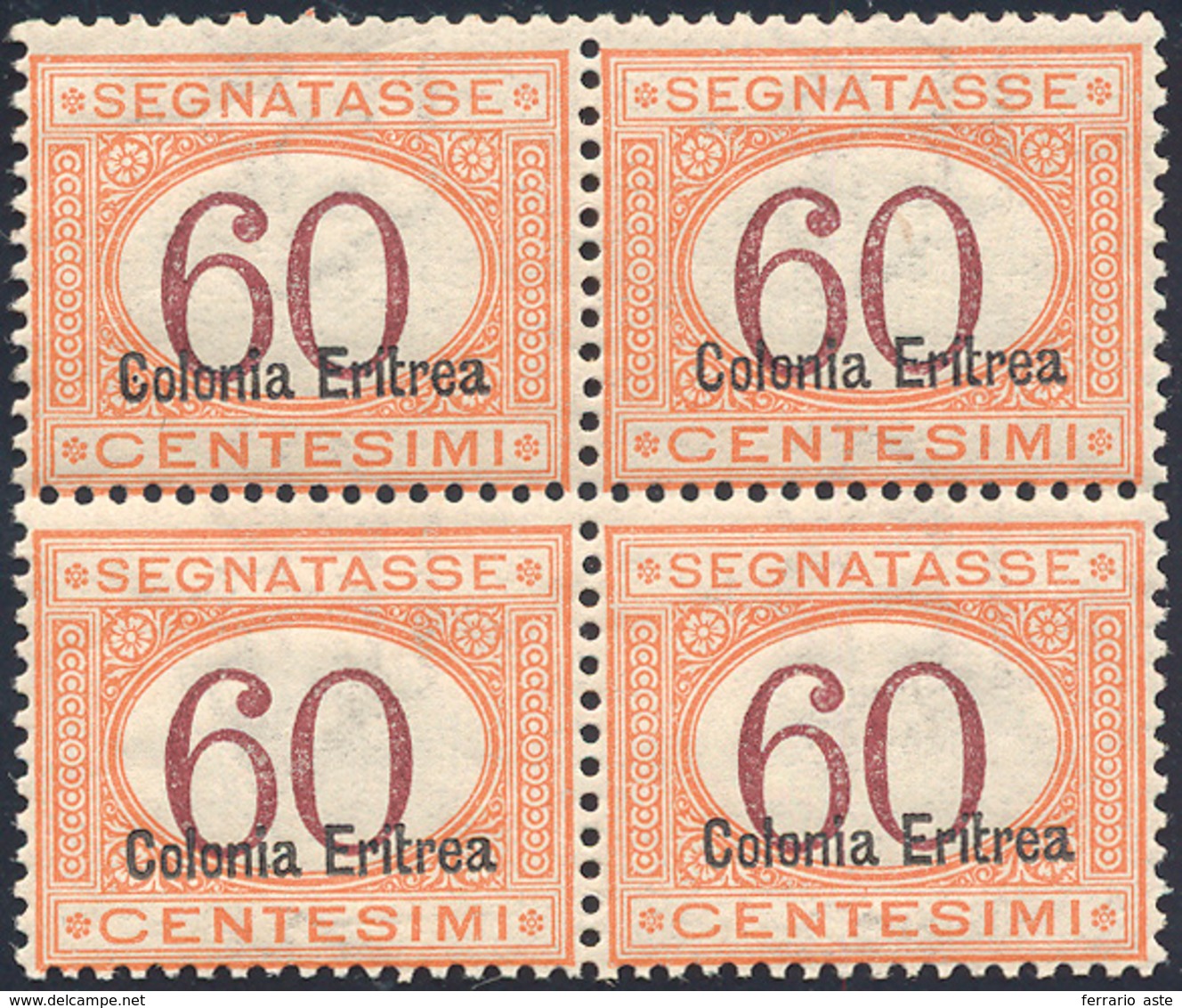 1739 SEGNATASSE 1926 - 60 Cent. Arancio E Bruno, Soprastampa In Basso (25), Blocco Di Quattro, Gomma Orig... - Eritrea