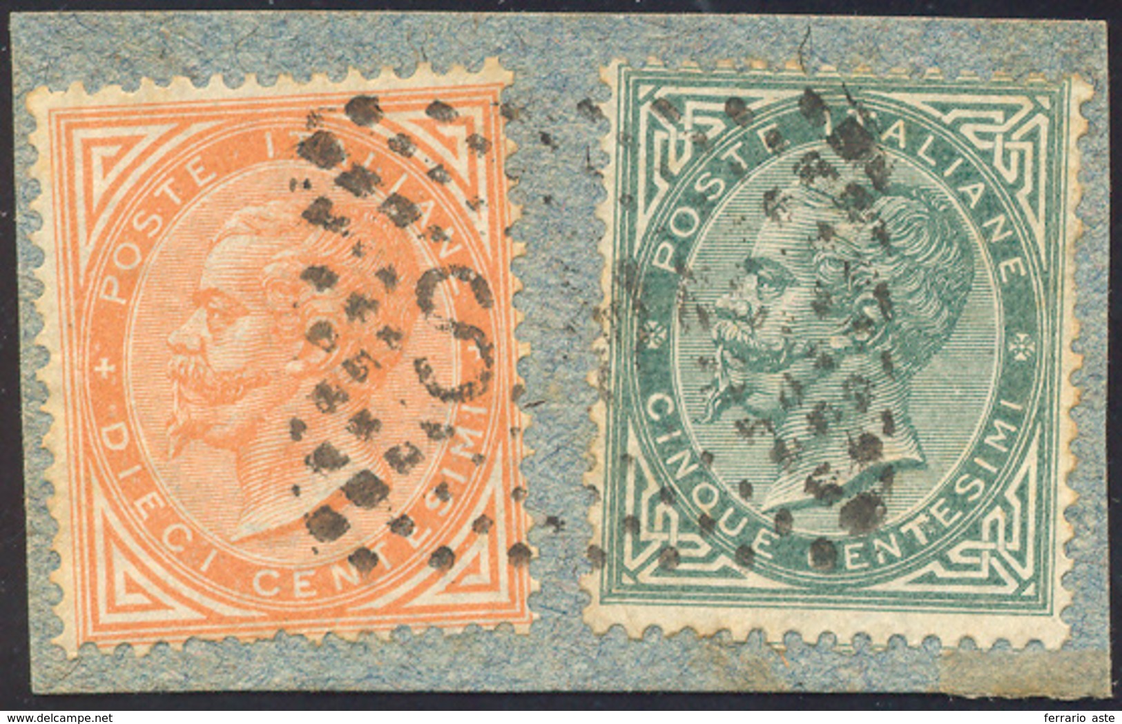 1880 1863 - 5 E 10 Cent. De La Rue, Tiratura Di Torino (F3T,F4T), Perfetti, Usati Su Piccolo Frammento Co... - Andere & Zonder Classificatie