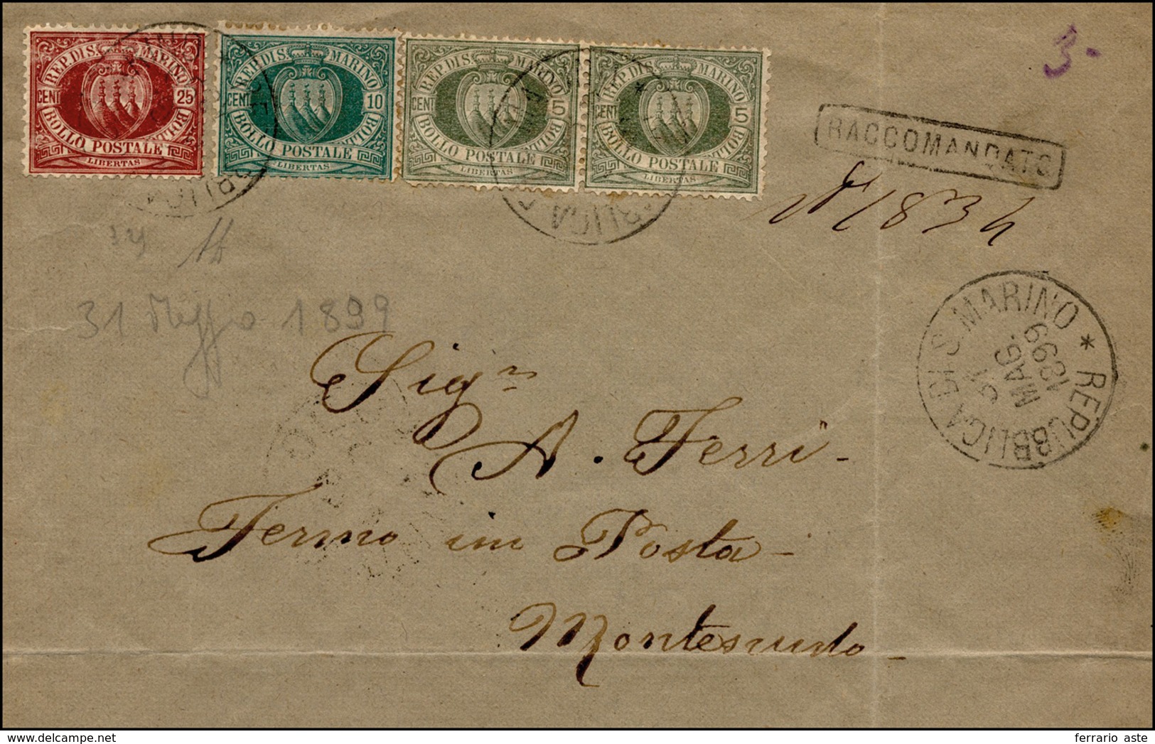 1883 1899 - 25 Cent., 5 Cent., Coppia, 10 Cent. Stemma (5,13,14), Perfetti, Su Busta Raccomandata Del 31/... - Sonstige & Ohne Zuordnung