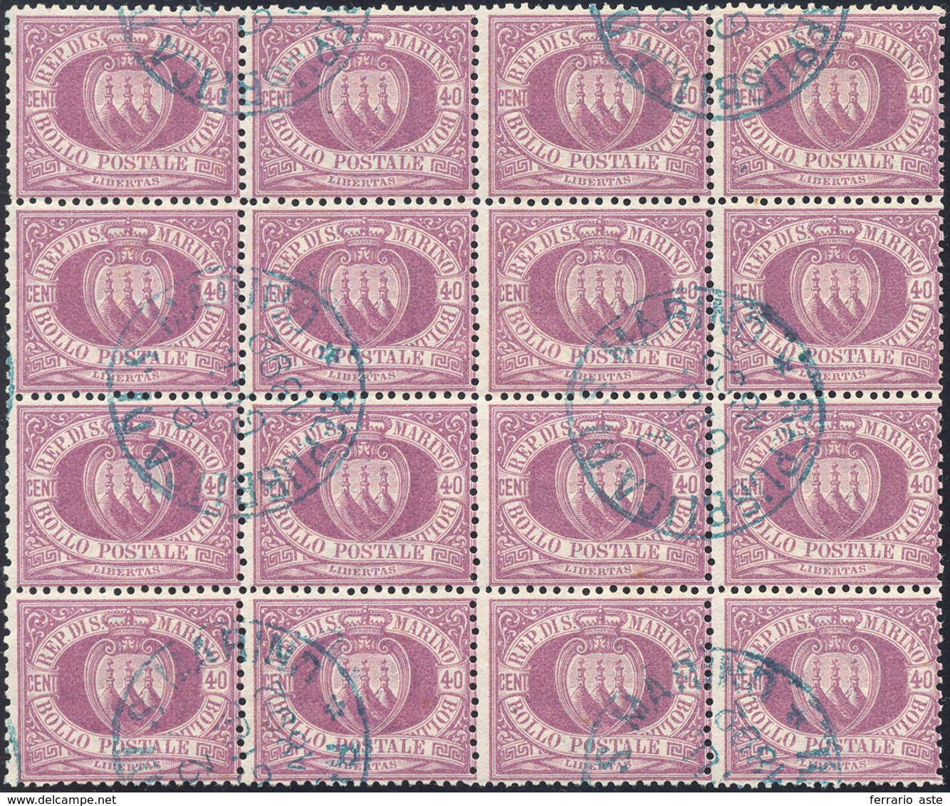 1889 1877 - 40 Cent. Lilla Scuro Stemma (7), Blocco Di 16, Perfetto, Usato. Eccezionale, Massimo Multiplo... - Other & Unclassified